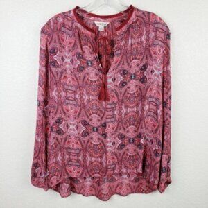 Lucky Brand Bohemian Print Paisley Peasant Blouse Fringe Tassels size Small